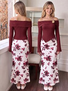 Teen Girls Burgundy Off-Shoulder Ribbed Fuzzy Top & Printed Skirt 2 Pieces Set, Elegant, Autumn Daily - Red - View 3