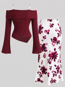 Teen Girls Burgundy Off-Shoulder Ribbed Fuzzy Top & Printed Skirt 2 Pieces Set, Elegant, Autumn Daily - Red - View 2
