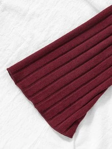Teen Girls Burgundy Off-Shoulder Ribbed Fuzzy Top & Printed Skirt 2 Pieces Set, Elegant, Autumn Daily - Red - View 7