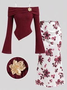 Teen Girls Burgundy Off-Shoulder Ribbed Fuzzy Top & Printed Skirt 2 Pieces Set, Elegant, Autumn Daily - Red - View 4