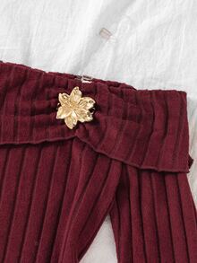 Teen Girls Burgundy Off-Shoulder Ribbed Fuzzy Top & Printed Skirt 2 Pieces Set, Elegant, Autumn Daily - Red - View 5