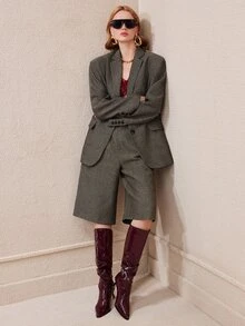 Arave Women's Woven Plaid Wool Blend H-Line Wide Shoulder Blazer & Loose Wide Leg Mid-Length Pants, Casual Commute Suit Set - Grey - View 12