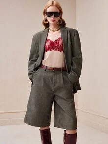 Arave Women's Woven Plaid Wool Blend H-Line Wide Shoulder Blazer & Loose Wide Leg Mid-Length Pants, Casual Commute Suit Set - Grey - View 7