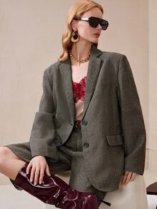 Arave Women's Woven Plaid Wool Blend H-Line Wide Shoulder Blazer & Loose Wide Leg Mid-Length Pants, Casual Commute Suit Set - Grey - View 4