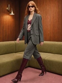 Arave Women's Woven Plaid Wool Blend H-Line Wide Shoulder Blazer & Loose Wide Leg Mid-Length Pants, Casual Commute Suit Set - Grey - View 2