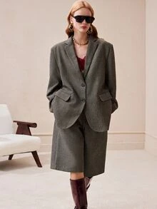 Arave Women's Woven Plaid Wool Blend H-Line Wide Shoulder Blazer & Loose Wide Leg Mid-Length Pants, Casual Commute Suit Set - Grey - View 10