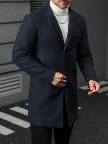 男士海軍藍羊毛翻領大衣，商務百搭中長款外套夾克，秋冬款 - 藏蓝色 - 查看 4