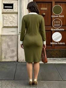 Velvienne Plus Size Women's Colorblock Collared Long Sleeve Fitted Casual Knit Dress - Green - View 2