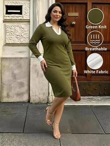 Velvienne Plus Size Women's Colorblock Collared Long Sleeve Fitted Casual Knit Dress - Green - View 4