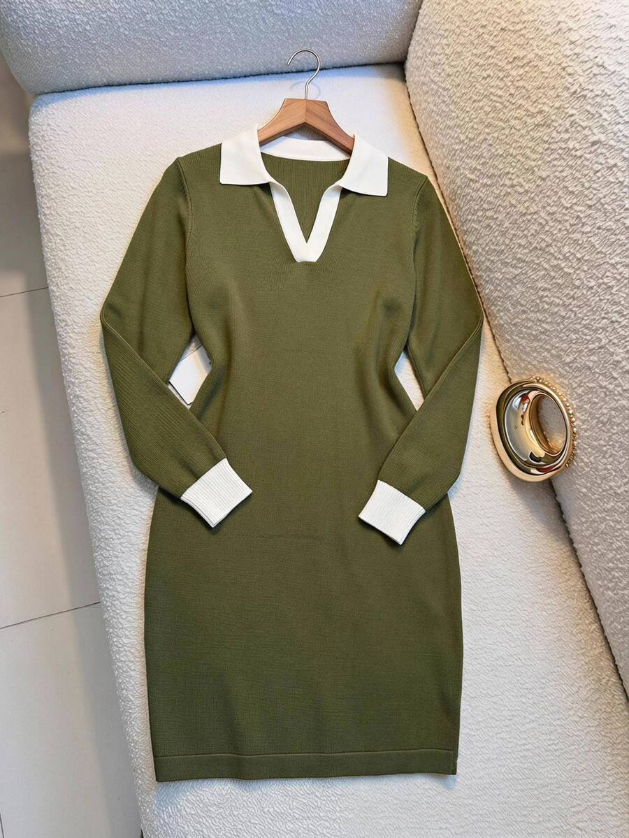 Velvienne Plus Size Women's Colorblock Collared Long Sleeve Fitted Casual Knit Dress - Green - View 1