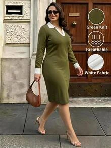 Velvienne Plus Size Women's Colorblock Collared Long Sleeve Fitted Casual Knit Dress - Green - View 6