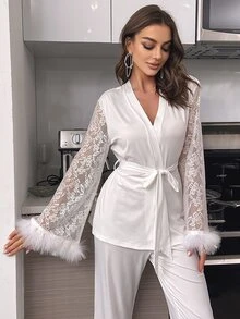 Crystal Vow Contrast Lace Fuzzy Cuff Belted White PJ Set / Pajama Set, Fall Winter Clothes, Fluffy, Cozy - White - View 5