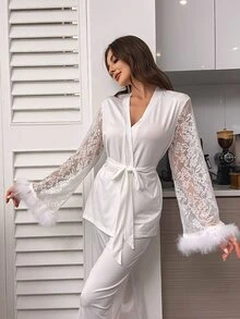 Crystal Vow Contrast Lace Fuzzy Cuff Belted White PJ Set / Pajama Set, Fall Winter Clothes, Fluffy, Cozy - White - View 6