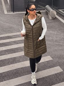 SHEIN EZwear 大尺碼女款純色休閒百搭冬季連帽棉墊背心 - 咖啡棕 - 查看 3