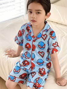 男童時尚簡約經典休閒日常酷感親膚柔軟春夏梭織布藍色蜘蛛卡通塗鴉印花紅色拼接開襟領短袖上衣與短褲睡衣套裝家居服2件組 - 彩色 - 查看 6