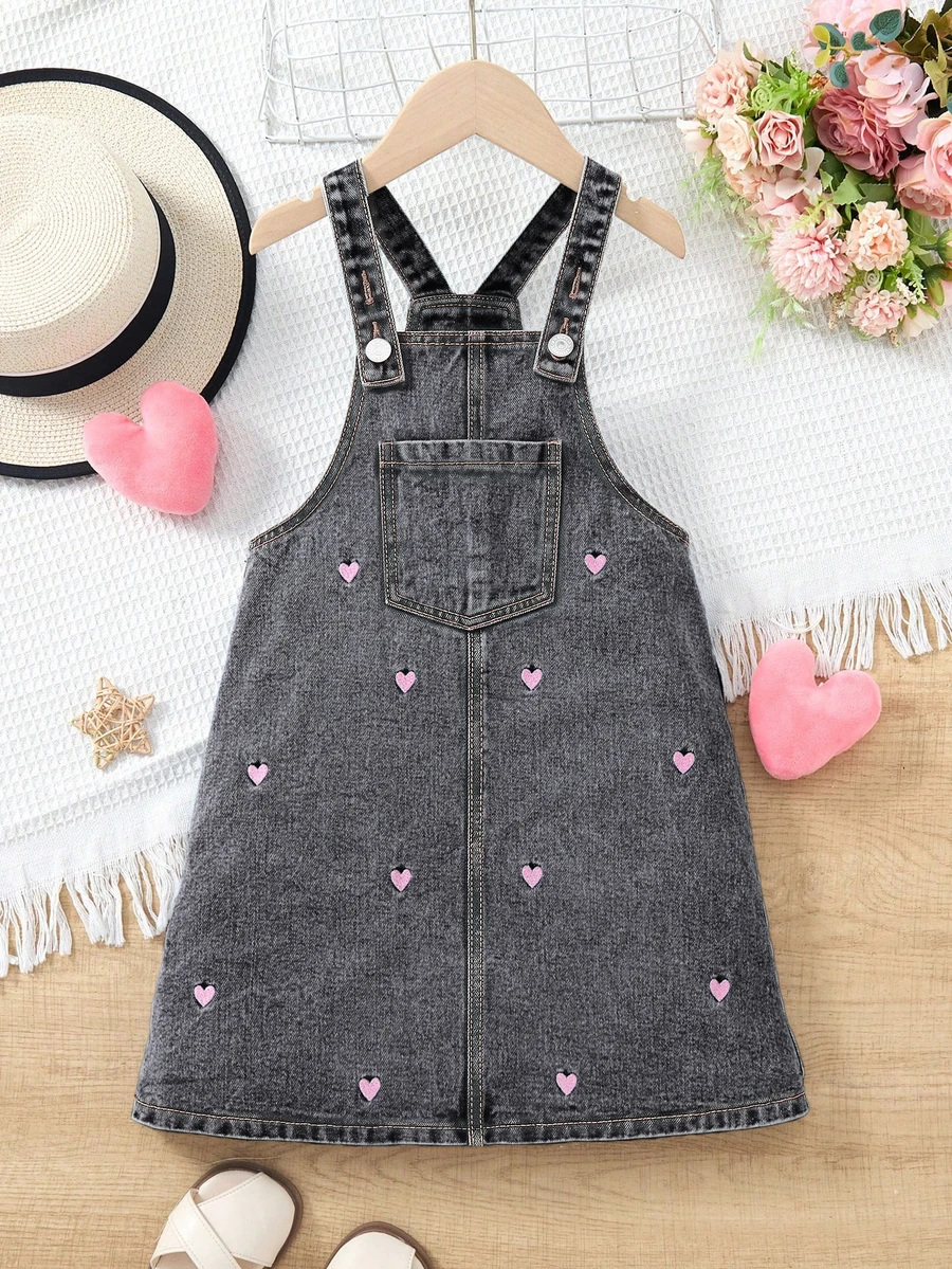 Elladie kids Girls' Toddler Denim Overalls With Heart Embroidery Pattern, Casual And Cute Autumn Fall