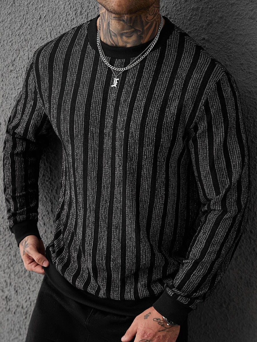 SLATEMANN Men's Striped Crew Neck Long Sleeve Casual Pullover Sweatshirt - Black - View 1