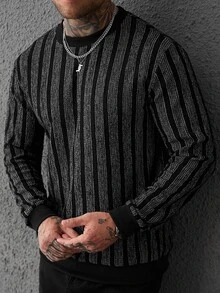 SLATEMANN كنزة رجالية مخططة بياقة دائرية وأكمام طويلة كاجوال - الأسود - مشاهدة 7