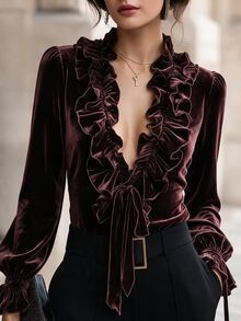 SHEIN Fall/ Burgundy Velvet V-Neck Ruffle Drawstring Tie Bell Sleeve Fitted Long Sleeve Top, Elegant Sexy Halloween Dinner Party Night Out - Rusty Rose - View 3