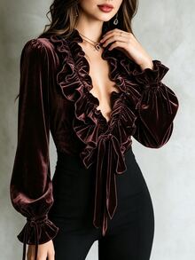 SHEIN Fall/ Burgundy Velvet V-Neck Ruffle Drawstring Tie Bell Sleeve Fitted Long Sleeve Top, Elegant Sexy Halloween Dinner Party Night Out - Rusty Rose - View 6