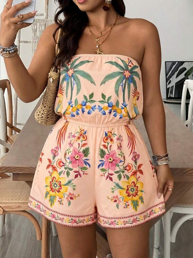 Travachic Casual Tropical Boho Minimalist Plus Size Strapless Short Jumpsuit With Floral Pattern Vacation Brunch Beach Pink Floral Summer - Multicolor - View 5