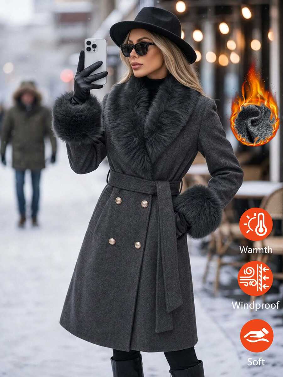 Editum جاكيت نسائي أنيق بقصة عادية وياقة فرو بتصميم باتشوورك وأكمام طويلة وأزرار مزدوجة ملابس شتوية - رمادي - مشاهدة 1