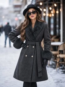 Editum جاكيت نسائي أنيق بقصة عادية وياقة فرو بتصميم باتشوورك وأكمام طويلة وأزرار مزدوجة ملابس شتوية - رمادي - مشاهدة 6