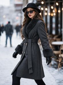Editum جاكيت نسائي أنيق بقصة عادية وياقة فرو بتصميم باتشوورك وأكمام طويلة وأزرار مزدوجة ملابس شتوية - رمادي - مشاهدة 8