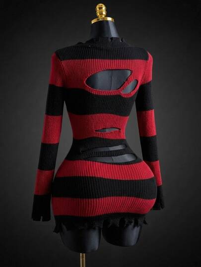 SHEIN ICON Women's Knitted Striped Hollow-Out Sexy Black & Red Striped Mini Dress, Sexy Avant-Garde Style Suitable For Halloween Outfit, Distressed Sexy