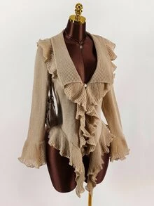 SHEIN ICON 女士时尚性感甜美荷叶边喇叭袖开衫，秋冬 - 彩色 - 查看 5