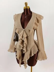 SHEIN ICON 女士时尚性感甜美荷叶边喇叭袖开衫，秋冬 - 彩色 - 查看 4