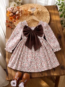 SHEIN 女童 1件 春/秋新款 BialaSuknia 海灘週末生日套裝，方領長袖波點印花，後背小V領設計，3D可拆卸大蝴蝶結，側抓褶大裙擺，簡約百搭海灘洋裝 - 彩色 - 查看 3