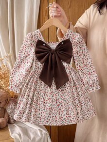 SHEIN 女童 1件 春/秋新款 BialaSuknia 海灘週末生日套裝，方領長袖波點印花，後背小V領設計，3D可拆卸大蝴蝶結，側抓褶大裙擺，簡約百搭海灘洋裝 - 彩色 - 查看 2