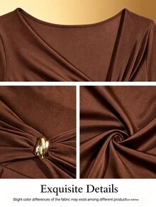 KIORVELLA Gaun Rajut Wanita Ukuran Besar Warna Polos Satu Bahu Berkerut Lengan Panjang Hem Asimetris Potongan Ramping Menawan Cocok untuk Pesta dan Acara Malam Musim Gugur - Coffee Brown - View 6