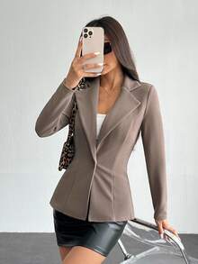 SHEIN PETITE Lapel Neck Single Button Blazer Office Work Business Wear Women In Summer,Petite Women Teachers' Day Chocolate Brown Casual Elegant - Mocha Brown - View 4