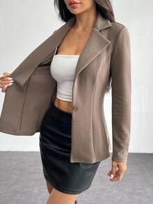 SHEIN PETITE Lapel Neck Single Button Blazer Office Work Business Wear Women In Summer,Petite Women Teachers' Day Chocolate Brown Casual Elegant - Mocha Brown - View 8