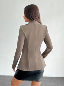SHEIN PETITE Lapel Neck Single Button Blazer Office Work Business Wear Women In Summer,Petite Women Teachers' Day Chocolate Brown Casual Elegant - Mocha Brown - View 2
