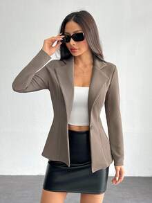 SHEIN PETITE Lapel Neck Single Button Blazer Office Work Business Wear Women In Summer,Petite Women Teachers' Day Chocolate Brown Casual Elegant - Mocha Brown - View 5