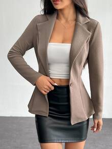 SHEIN PETITE Lapel Neck Single Button Blazer Office Work Business Wear Women In Summer,Petite Women Teachers' Day Chocolate Brown Casual Elegant - Mocha Brown - View 6