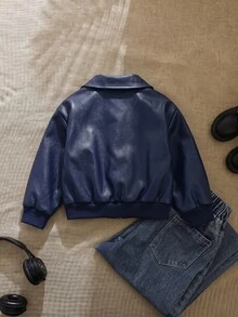 SHEIN Tween女孩黑色拉鍊前襟翻領羅紋袖口街頭風酷感百搭機車PU皮革寬鬆夾克，秋冬穿搭 - 寶藍色 - 查看 2
