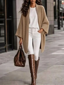 Balvessa Open Front Batwing Sleeve Loose Knit Cardigan, Casual Sweater Jacket - Khaki - View 1