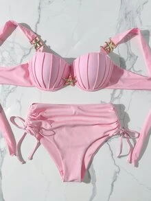 Swim Chiccia 粗肩帶模杯鋼圈聚攏比基尼套裝，側縫抽繩設計配海星裝飾 - 粉色 - 查看 3