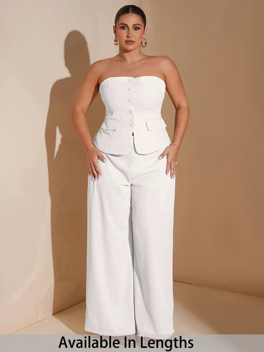 SHEIN Tall CURVE Plus Size Women's Elegant Date Night Solid Tube Top Blazer Summer Suit, Suitable For Work Uniform, Office, Fairy, Mermaid Style,Two Piece Set Women - White - View 1