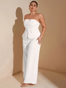 SHEIN Tall CURVE Plus Size Women's Elegant Date Night Solid Tube Top Blazer Summer Suit, Suitable For Work Uniform, Office, Fairy, Mermaid Style,Two Piece Set Women - White - View 4
