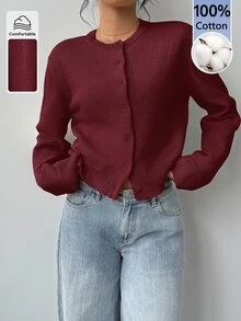 SHEIN BASICS 女款素色長袖單排扣休閒針織開襟衫 辦公秋季穿搭 - 酒紅色 - 查看 5