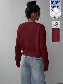 SHEIN BASICS 女款素色長袖單排扣休閒針織開襟衫 辦公秋季穿搭 - 酒紅色 - 查看 3