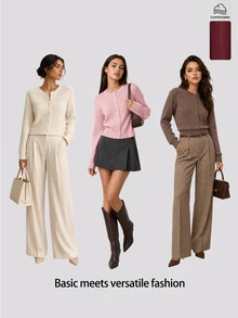 SHEIN BASICS 女款素色長袖單排扣休閒針織開襟衫 辦公秋季穿搭 - 酒紅色 - 查看 12