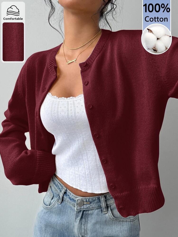 SHEIN BASICS Women's Solid Color Long Sleeve Single-Breasted Casual Knit Cardigan Office Autumn - Burgundy - View 6