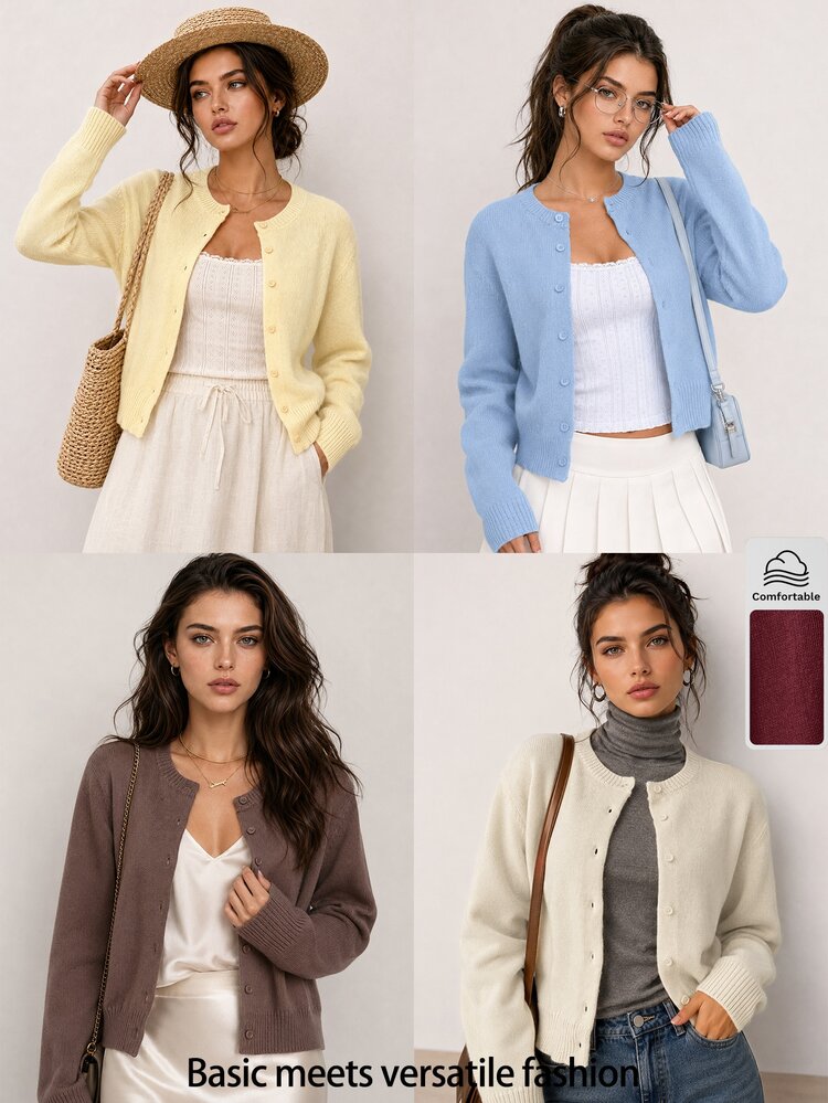 SHEIN BASICS Women's Solid Color Long Sleeve Single-Breasted Casual Knit Cardigan Office Autumn - Burgundy - View 9