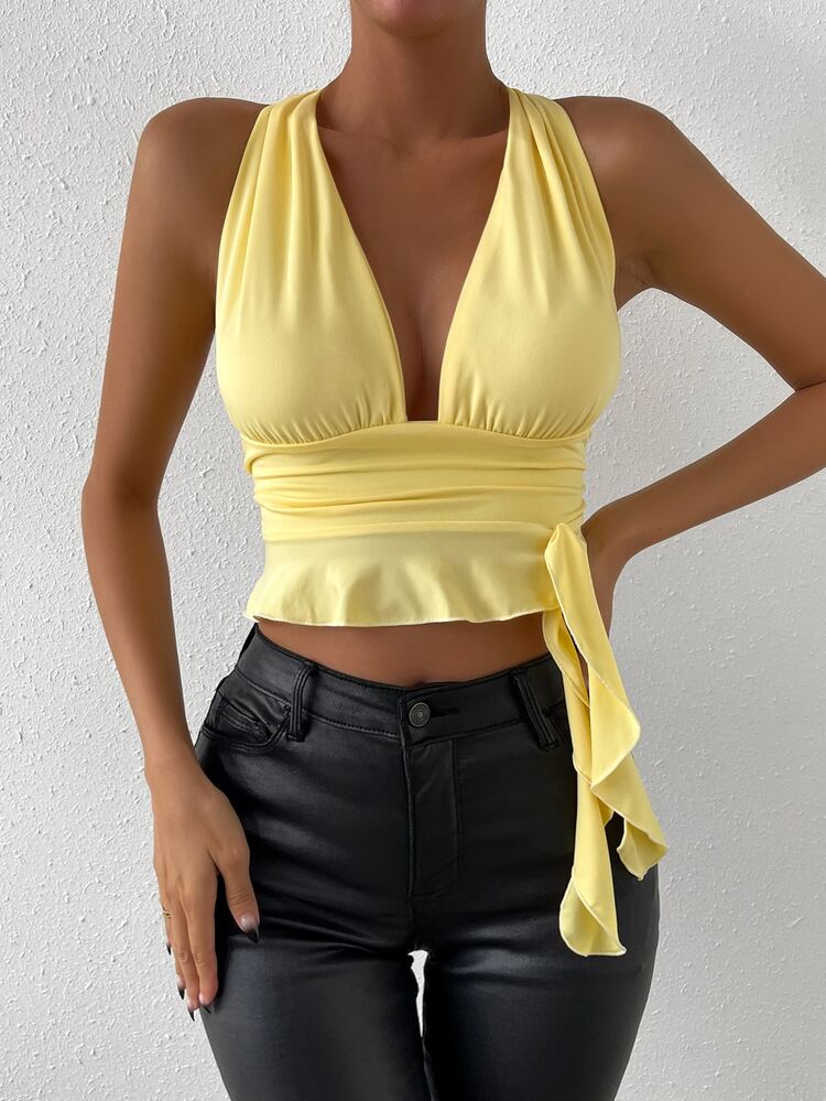 SHEIN Unity Sexy Plunging Neck Ruffle Trim Crisscross Backless Knot Side Crop Tank Top - Yellow - View 8